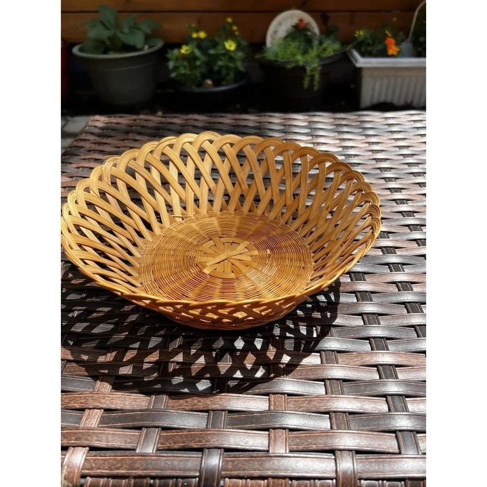 Vintage Boho Woven Wicker Bread Basket Round Open Weave Rattan 9